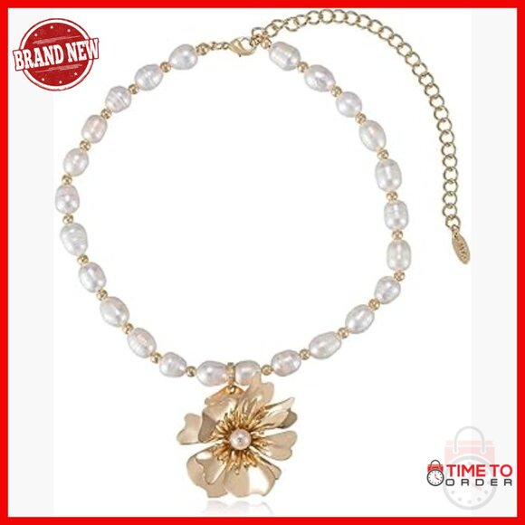 18K Gold Plated Pearl Choker Necklace with Flower Charm 14 Inch